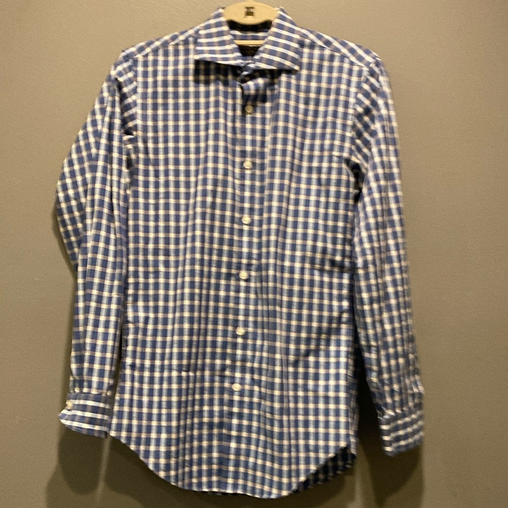 Men’s Esquire performance slim fit shirt, sz. S blue, gray, cream plaid